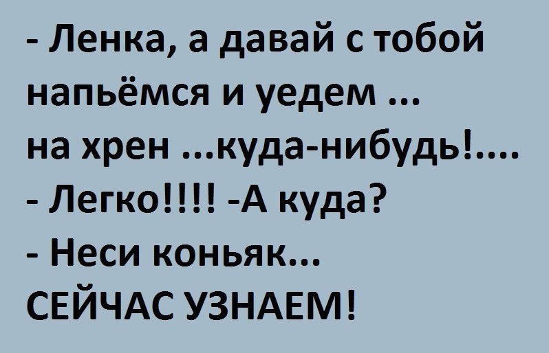 Ленка а давай с тобой напьёмся и уедем на хрен куда нибудь Легко А куда Неси коньяк СЕЙЧАС УЗНАЕМ