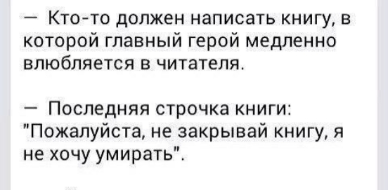 Кто то должен написать книгу в которой главный герой медленно влюбляется в читателя Последняя строчка книги Пожалуйста не закрывай книгу я не хочу умирать
