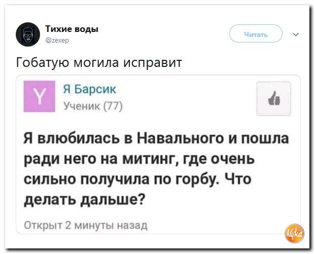 Тихие ноды _ акер Гобатую могила исправит Я Барсик Ученик 77 Я влюбилась в Навального и пошла ради него на митинг где очень сильно получила по горбу Что делать дальше Открыт 2 минуты назад