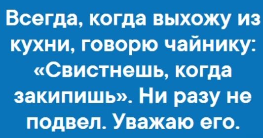 Всегда когда выхожу из кухни говорю чайнику Свистнешь когда эакипишь Ни разу не подвел Уважаю его