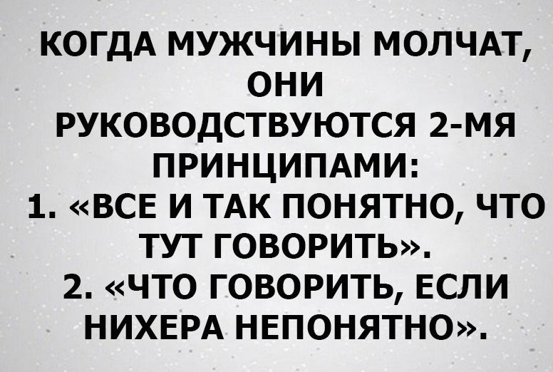 КОГДА МУЖЧИНЫ МОЛЧАТ ОНИ РУКОВОДСТВУЮТСЯ 2 МЯ ПРИНЦИПАМИ 1 ВСЕ И ТАК ПОНЯТНО ЧТО ТУТ ГОВОРИТЬ 2 ЧТО ГОВОРИТЬ ЕСЛИ НИХЕРА НЕПОНЯТНО