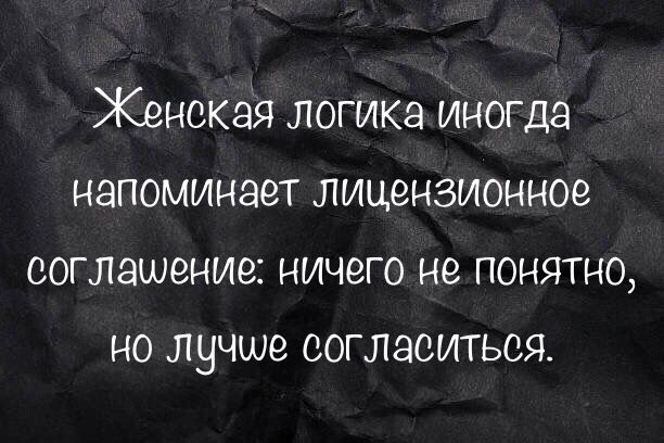 Женская логика иногда напоминает лицензионное соглашение ничего не понятно но лучше согласиться