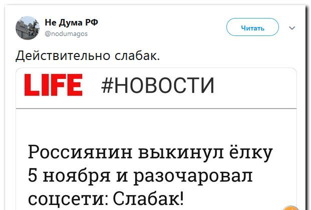 в Не дума РФ 5 чшщаус Действительно слабак РЕ НОВОСТИ Россиянин выкинул ёлку 5 ноября и разочаровал соцсети Спабак