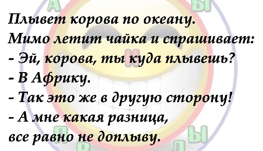 Плывет корова по океану Мимо летит чайка и спрашивает Эй корова ты куда плывешь В Африку Так это же в другую сторону А мне какая разница все равно не дотыву