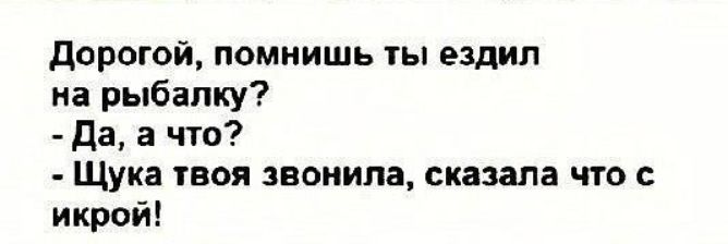 дорогой помнишь ты ездил на рыбалку да а что Щука твоя звонила сказала что с икрой