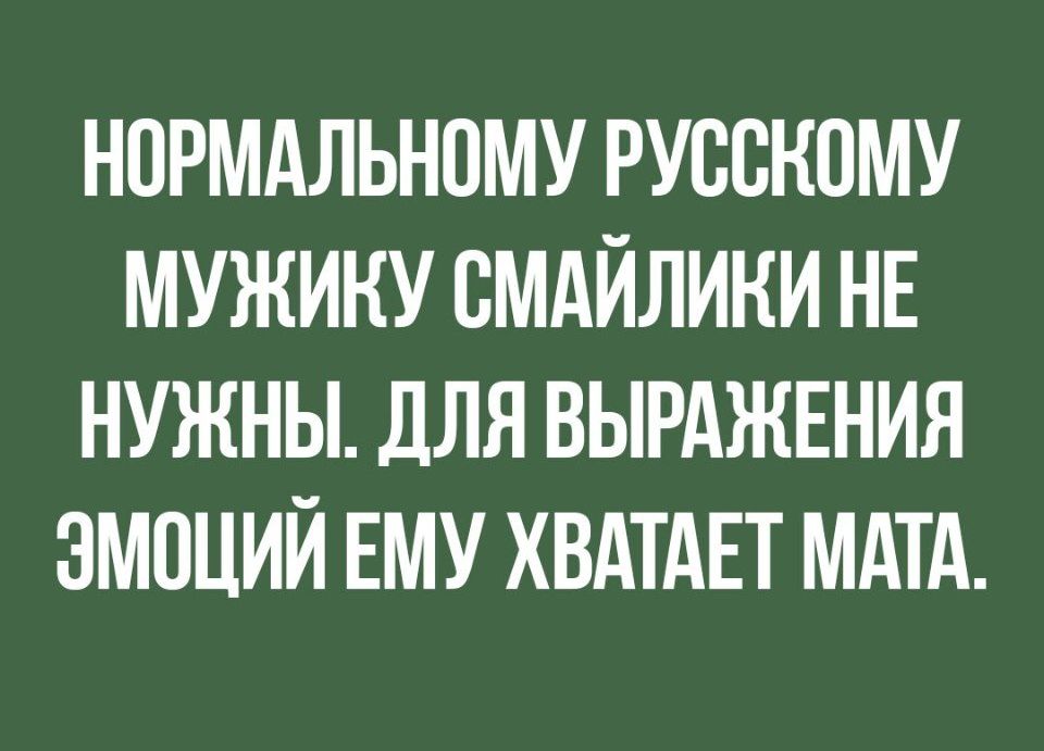 НПРМАЛЬНПМУ РУССКОМУ МУЖИКУ ВМАЙЛИКИ НЕ НУЖНЫ ДЛЯ ВЫРАЖЕНИЯ ЭМОЦИЙ ЕМУ ХВАТАЕТ МАТА
