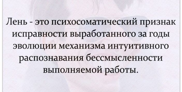 Лень это психосоматический признак исправности выработанного за годы эволюции механизма интуитивного распознавания бессмысленности выполняемой работы