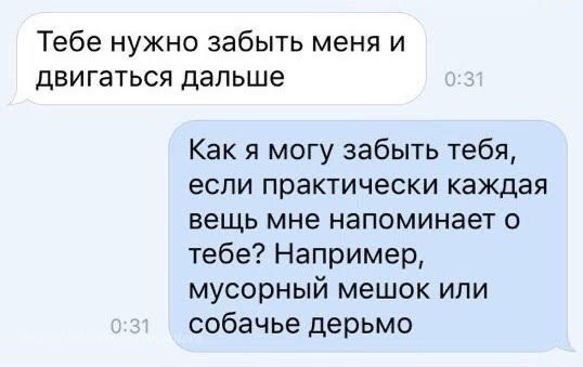 Тебе нужно забыть меня и двигаться дальше Как я могу забыть тебя если практически каждая вещь мне напоминает о тебе Например мусорный мешок или собачье дерьмо