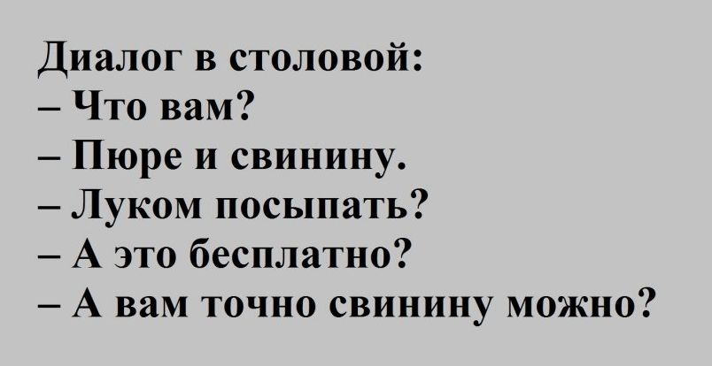 Диалог в столовой Что вам Пюре и свинину Луком посыпать А это бесплатно А вам точно свинину можно