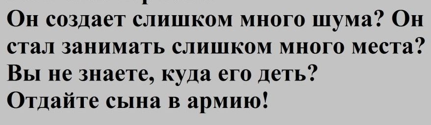 Он создает слишком много шума Он стал занимать слишком много места Вы не знаете куда его деть Отдайте сына в армию
