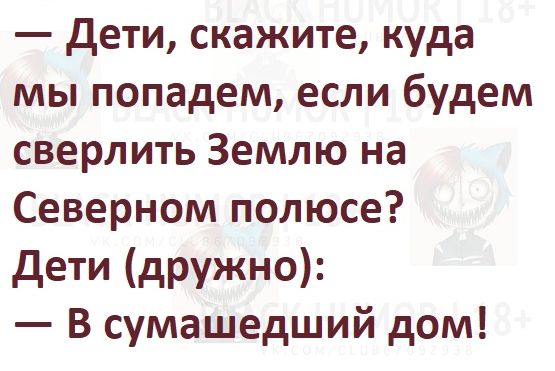 дети скажите куда мы попадем если будем сверлить Землю на Северном полюсе дети дружно В сумашедший дом