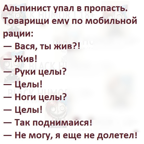 Альпинист упал в пропасть Товарищи ему по мобильной рации Вася ты жив Жив Руки целы Целы Ноги целы Целы Так поднимайся Не могу я еще не долетел