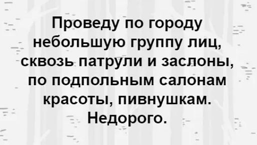 Проведу по городу небольшую группу лиц сквозь патрули и заслоны по подпольным салонам красоты пивнушкам Недорого