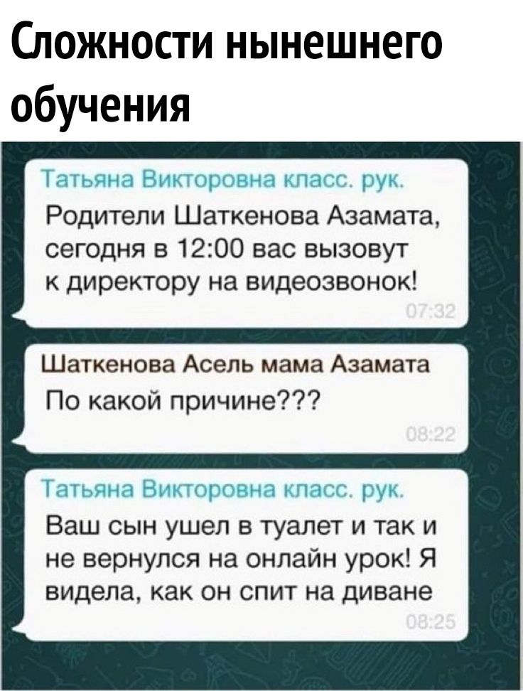 Сложности нынешнего обучения Еж Родители Шаткенова Азамата сегодня в 1200 вас вызовут к директору на видеозвонок Шаткенова Асель мама Азамата По какой причине Ваш сын ушел в туалет и так и не вернулся на онлайн урок Я видела как он спит на диване