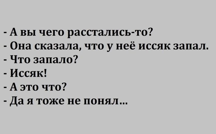 А вы чего расстались то Она сказала что у неё иссяк запал Что запала Иссяк А это что Да я тоже не понял