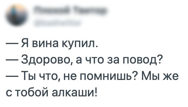 7_ Я вина купил Здорово а что за повод Ты что не помнишь Мы же с тобой алкаши