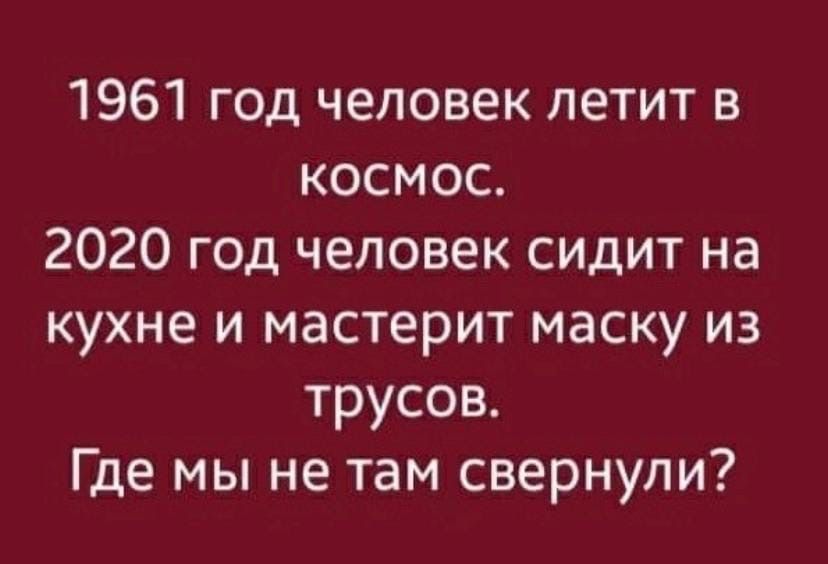 1961 год человек летит в космос 2020 год человек сидит на кухне и мастерит маску из трусов Где мы не там свернули