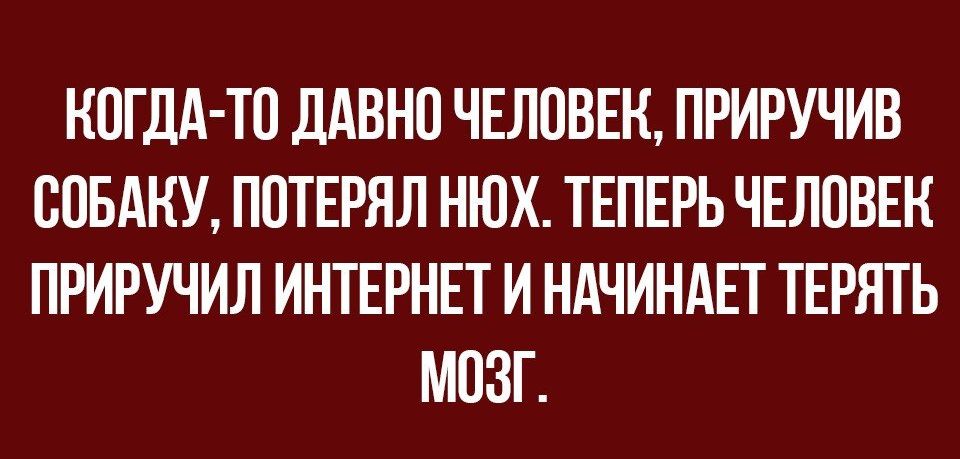 НВГДА ТП ДАВНП ЧЕЛОВЕК ПРИРУЧИВ СОБАКУ ППТЕРЯЛ НЮХ ТЕПЕРЬ ЧЕЛОВЕН ПРИРУЧИЛ ИНТЕРНЕТ И НАЧИНАЕТ ТЕРЯТЬ МОЗГ