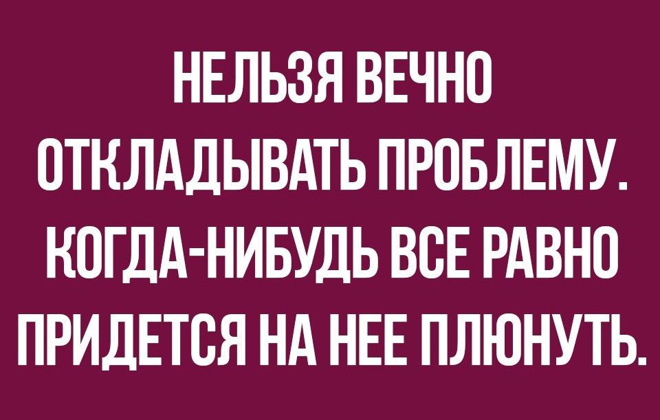НЕЛЬЗЯ ВЕЧНО ПТКЛАДЫВАТЬ ПРОБЛЕМУ КОГДА НИБУДЬ ВСЕ РАВНО ПРИДЕТСЯ Нд НЕЕ ПЛЮНУТЬ
