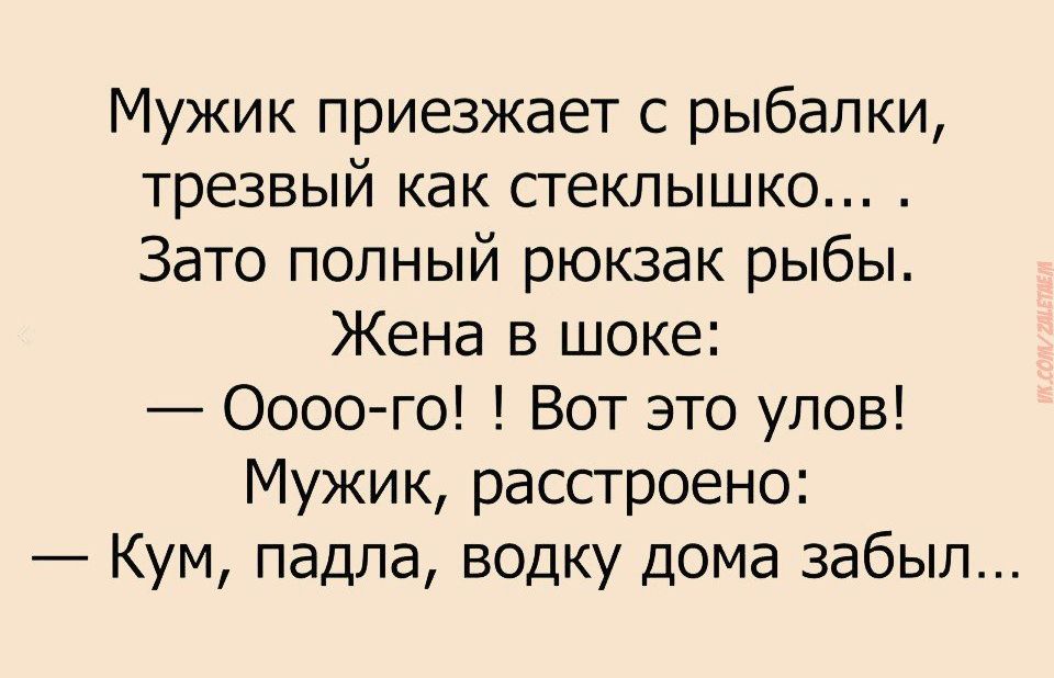 Мужик приезжает с рыбалки трезвый как стеклышко Зато полный рюкзак рыбы Жена в шоке Оооо го Вот это улов Мужик расстроено Кум падла водку дома забыл