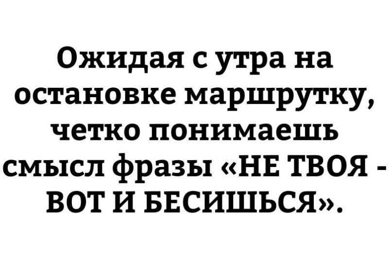 Ожидая с утра на остановке маршрутку четко понимаешь смысл фразы НЕ ТВОЯ ВОТ И БЕСИШЬСЯ