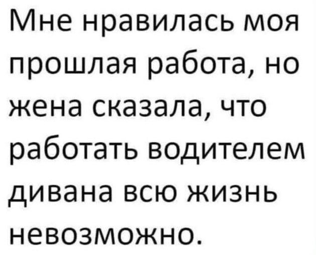 Мне нравилась моя прошлая работа но жена сказала что работать водителем дивана всю жизнь невозможно