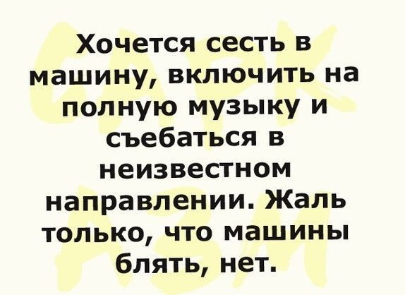 Хочется сесть в машину включить на полную музыку и съебаться в неизвестном направлении Жаль только что машины блять нет