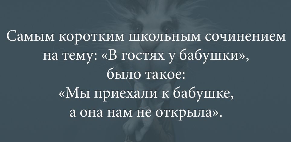 Самым коротким школьным сочинением на тему В гостях у бабушки было такое Мы приехали к бабушке а она нам не открыла