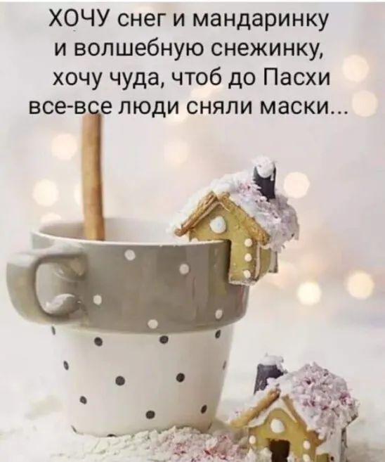 ХОЧУ снег и мандаринку и волшебную снежинку хочу чуда чтоб до Пасхи всев елюди сняли маски