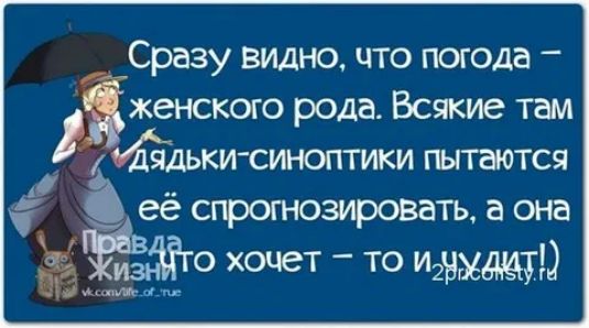 Сразу видно что погода женского рода Всякие там вышки синоптики пытаются её спрогнозировать а она о хоцет то миди