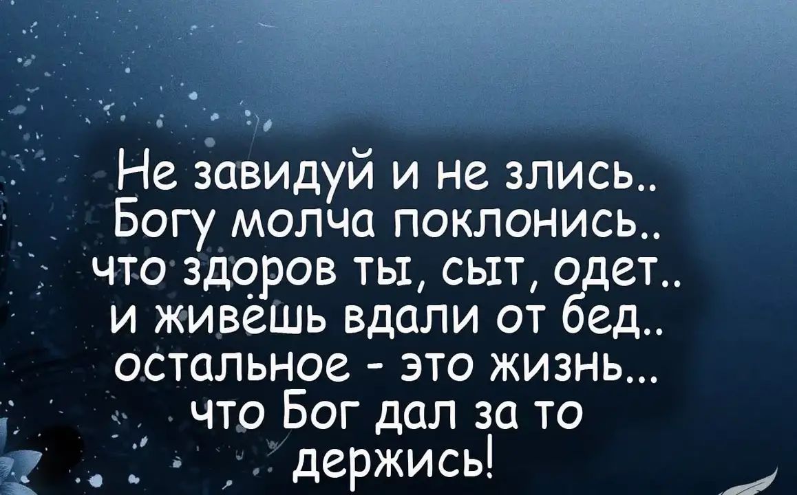 о в Не завидуй и не злись Богу молча поклонись что здоров ты сыт одет и живешь вдали от бед остальное это жизнь что Бог дал за то держись ш