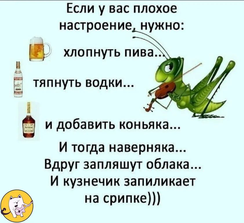 Если у вас плохое настроение нужно хлопнуть пива и Ё тяпнуть водки в П и добавить коньяка И тогда наверняка Вдруг запляшут облака И кузнечик запиликает на срипке