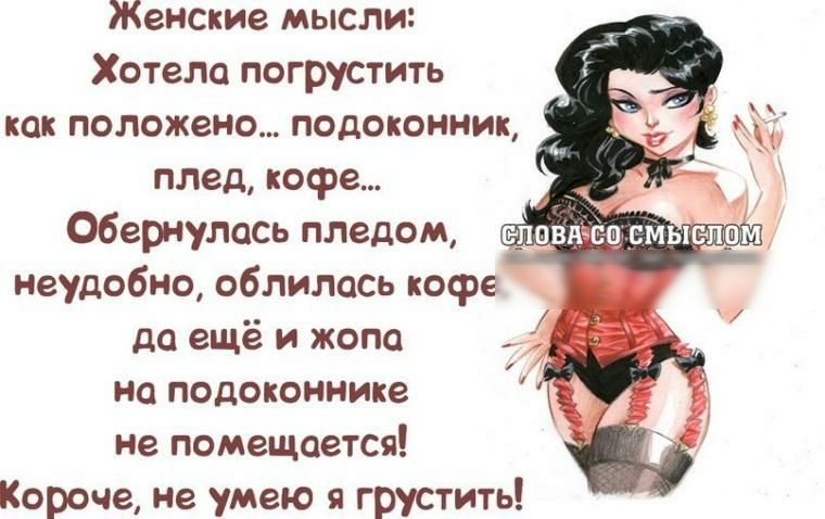 Женские мысли Хотела погрустить как положено подоконник плед кофе Обернулась пледом да ещё и жопа на подоконнике не помещается Короче не умею я грустить