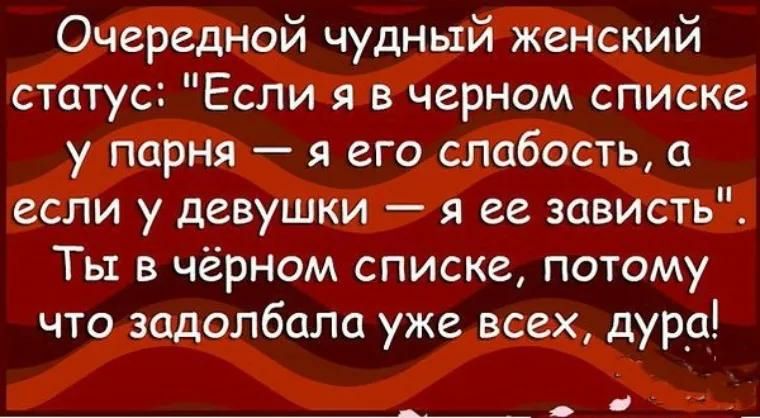 Очередной чудный женский статус Если я в черном списке у парня я его слабость а если у девушки я ее зависть Ты в чёрном списке потому что задолбала уже всех дура _