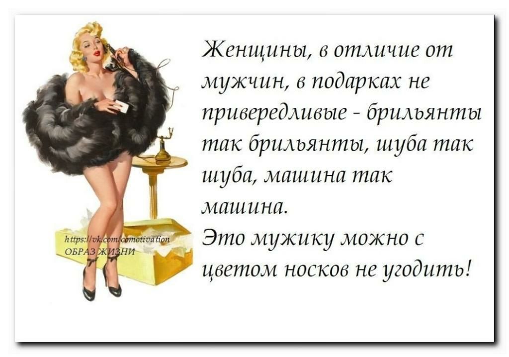 Женщины в отличие от мужчин 6 подарках не привередливые брильянты так брильянты шуба так шуба машини так машини Это мужику можно с цветом носков не угодить