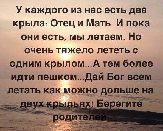 У каждого из нас есть два крыла Отец и Мать И пока они есть мы летаем Но очень тяжело лететь с одним крыломА тем более идти пешкомдай Бог летать как можнозщіше Б _