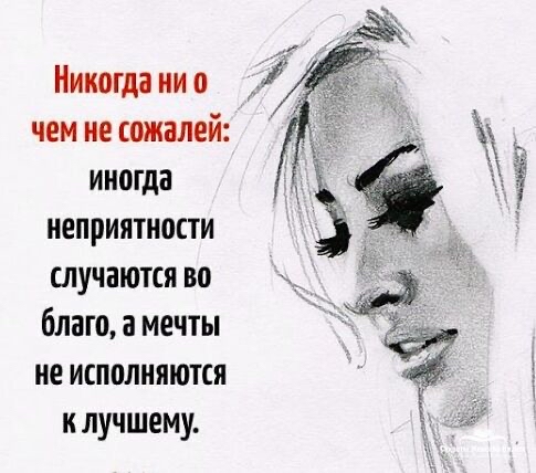 Никогда ни о чем не сожалей иногда неприятности случаются во благо а мечты не исполняются илучшему