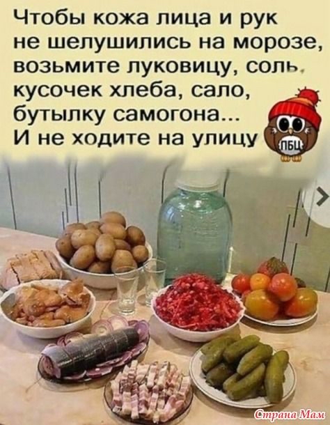 Чтобы кожа лица и рук не шепушипись на морозе возьмите луковицу соль кусочек хлеба сало бутылку самогона О И не ходите на улицу