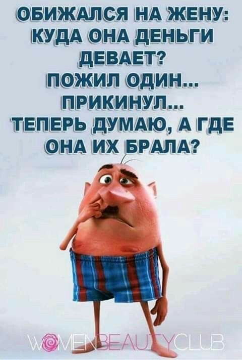 Обижался на жену: куда она деньги девает? Пожил один... Прикинул... Теперь думаю, а где она их брала?  Ё