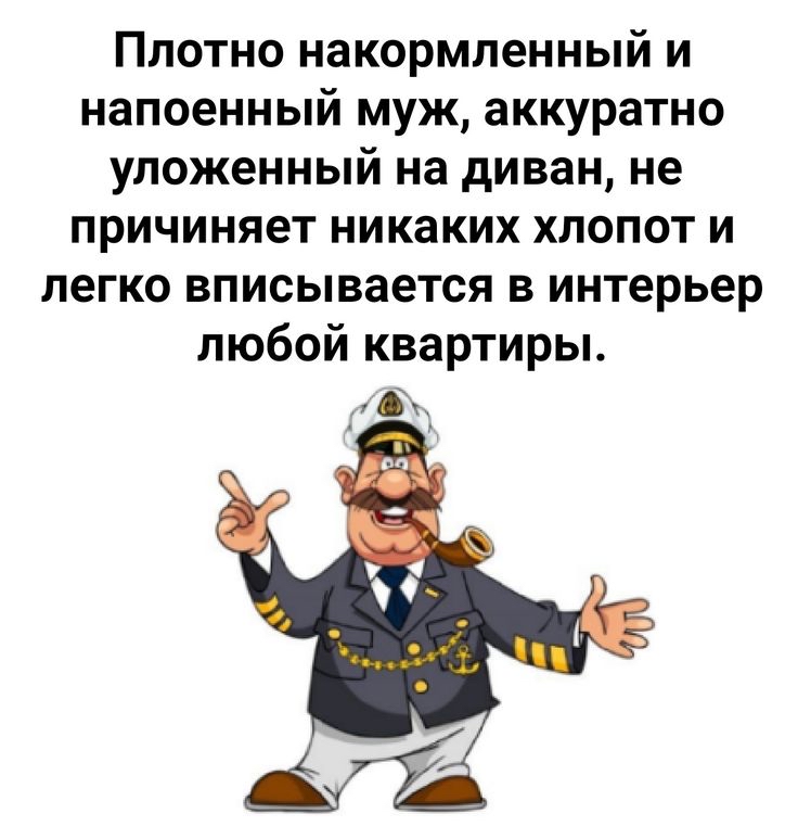 Плотно накормленный и напоенный муж, аккуратно уложенный на диван, не причиняет никаких хлопот и легко вписывается в интерьер любой квартиры.
