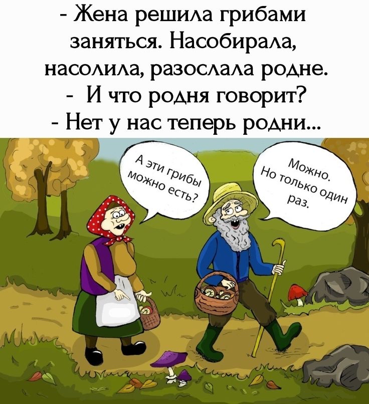 жена решила грибами заняться. Насобирала, насолила, разослала родне.  И ччто родня говорит?  Нет у нас теперь родни...
