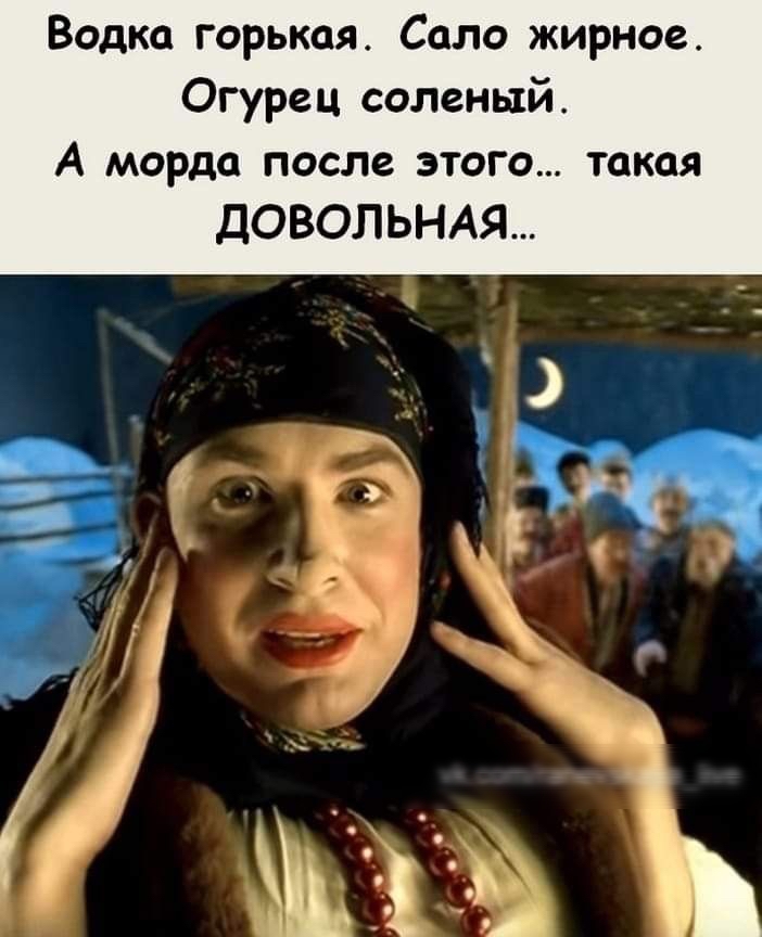 Водка горькая Сало жирное Огурец соленый А морда после этого такая дОВОЛЬНАЯ