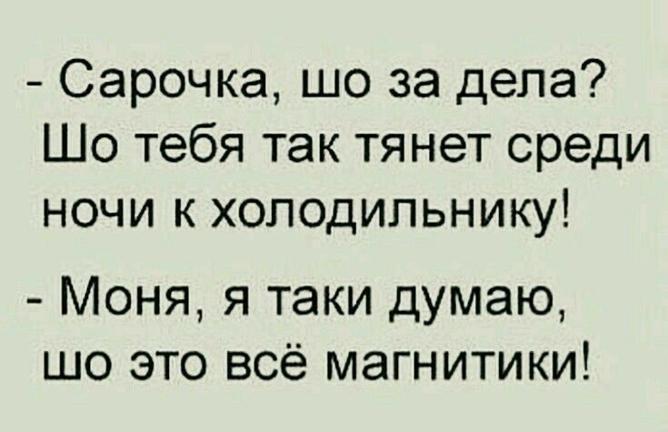 Сарочка шо за дела Шо тебя так тянет среди ночи к холодильнику Моня я таки думаю шо это всё магнитики
