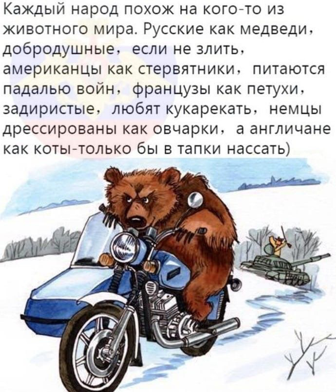 Каждый народ похож на когото из животного мира. Русские как медведи, добродушные, если не злить, американцы как стервятники, питаются падалью войн, французы как петухи, задиристые, любят кукарекать, немцы дрессированы как овчарки, а англичане как котытолько бы в тапки нассать