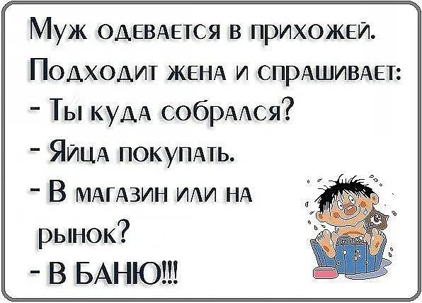 Муж ОАЕВАЕТСЯ в прихожей Подходит ЖЕНА и СПРАШИВАЕТ Ты КУДА собрААся ЯИЦА покупмь В МАГАЗИН ИИ НА рынок В БАНЮШ