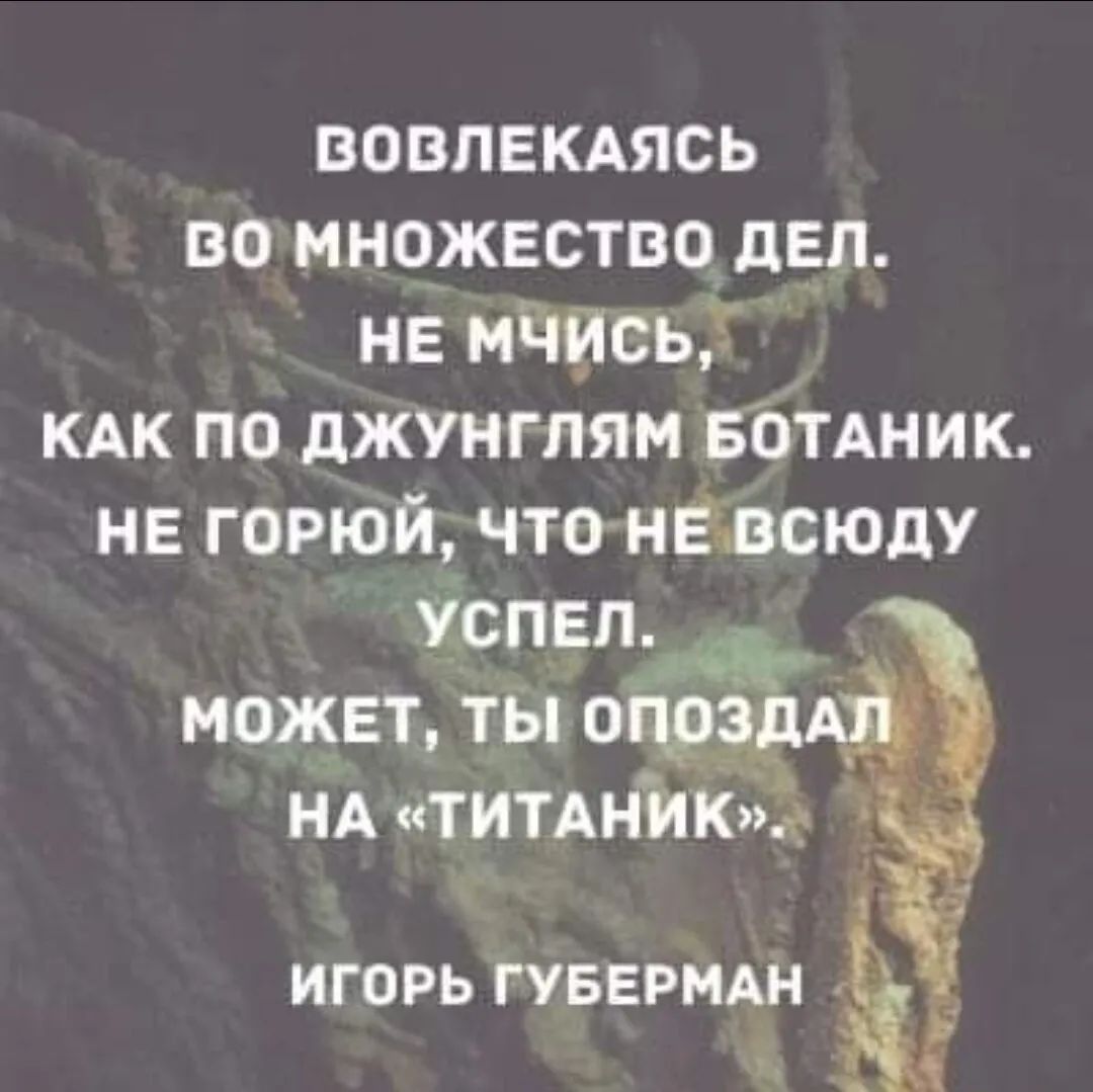 Вовлекаясь вомножество дел. Не мчись, как по джунглям ботаник. Не горюй;, чтоневсюду успеп может, ты оцраддй на «титаник».:  игорь губерман  в тта