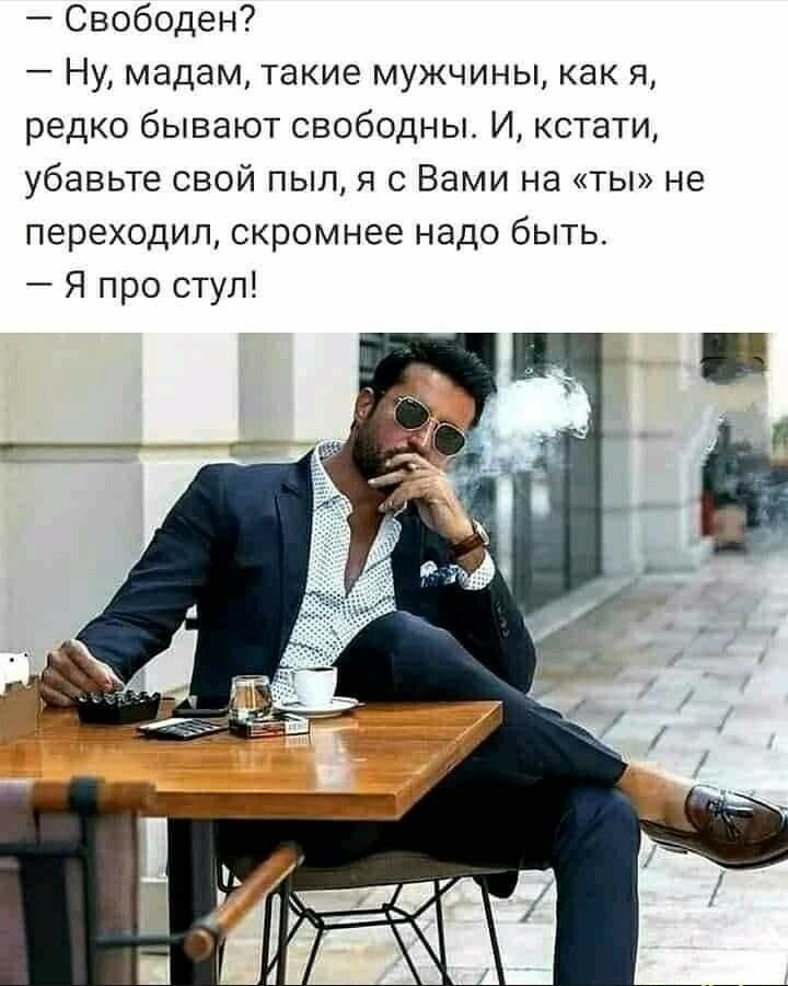 Свободен Ну мадам такие мужчины как я редко бывают свободны И кстати убавьте свой пыл я с Вами на ты не переходил скромнее надо быть Я про стул