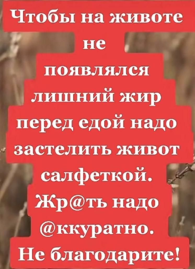 Чтобы на животе не появлялся лишний жир перед едой надо застелить живот салфеткой Жрть надо ккуратно Не благодарите