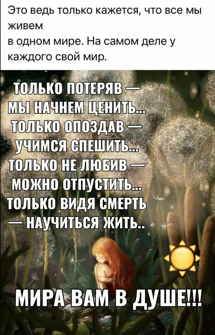 Это ведь только кажется что все мы живем в одном мире На самом деле у каждого свой мир можііо отітубтэ только видя смврть ндучиться жить МИРАЪВАМ В дУШЕ