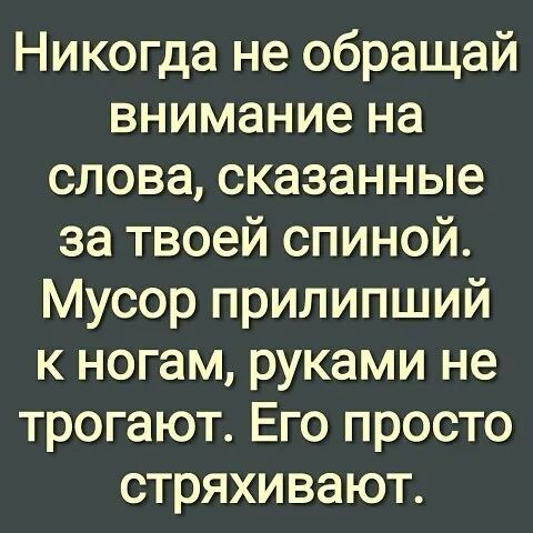 Никогда не обращай внимание на слова сказанные за твоей спиной Мусор прилипший к ногам руками не трогают Его просто стряхивают